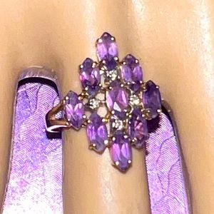 10K Gold Amethyst & Diamond Cluster Cocktail Ring